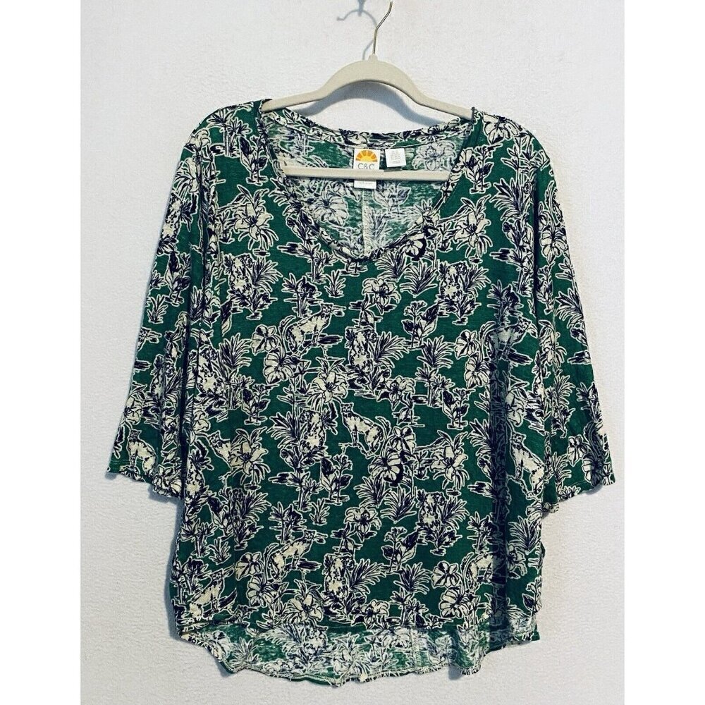 C and C California Top Women 2X Green Tropical Linen Floral Bobcat Jungle Boho